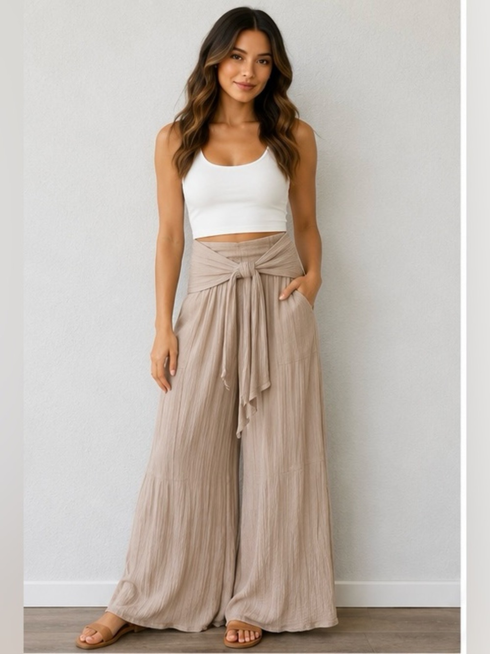 Rewash Beige Gauze Wide Leg Pants Size Large Boho Tie Waist